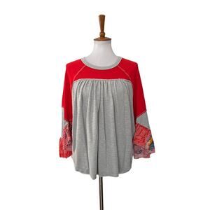 We The Free Two Toned Butterfly Sleeve Top Long Sleeve Grey Red M Medium